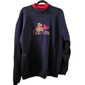 VTG Embroidered Grandma Teddy Bear Double Collar Sweatshirt Women's XL TLC Blue